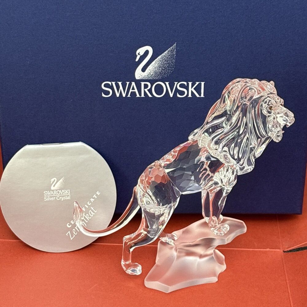 Swarovski Crystal Lion Standing on Rock Figurine, Certificate, 4.5” Tall. EUC